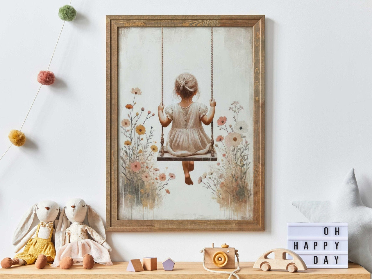 Little Girl on a Swing, Wildflower Nursery Decor, Vintage Room Art - WildfieldPrints