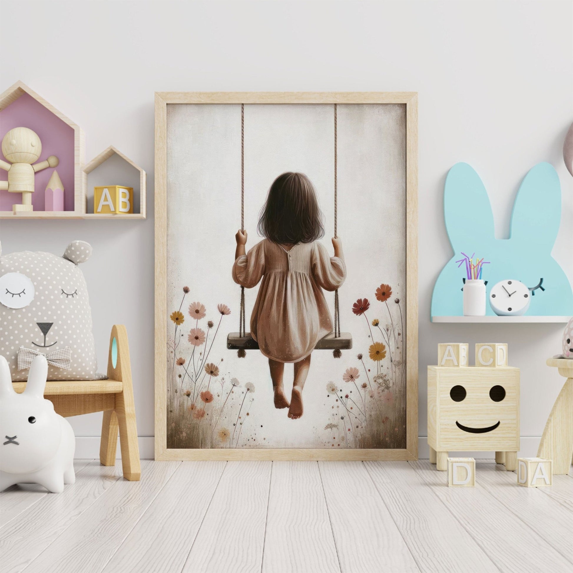 Little Girl on a Swing, Wildflower Nursery Decor, Vintage Wall Art - WildfieldPrints