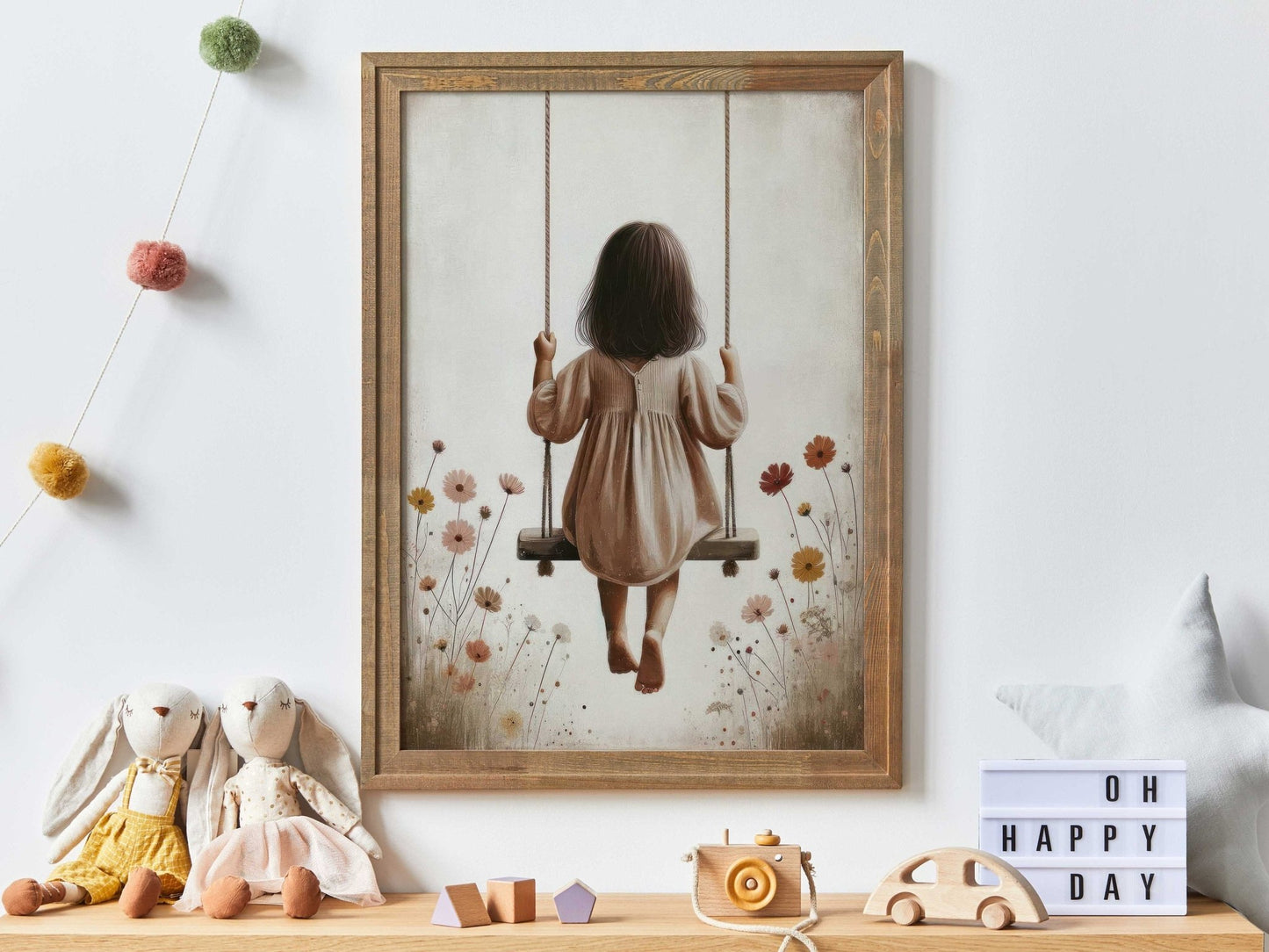 Little Girl on a Swing, Wildflower Nursery Decor, Vintage Wall Art - WildfieldPrints