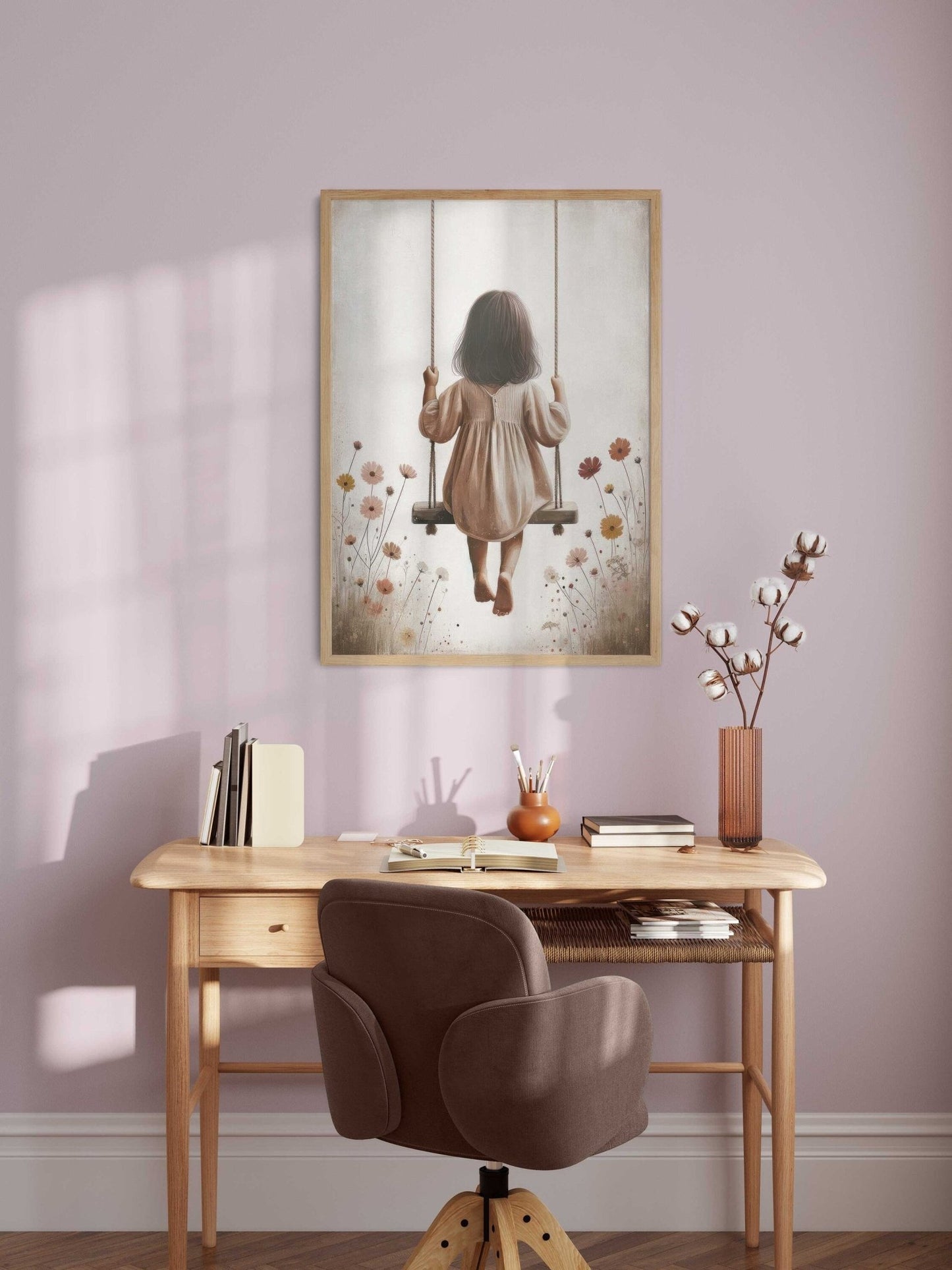 Little Girl on a Swing, Wildflower Nursery Decor, Vintage Wall Art - WildfieldPrints
