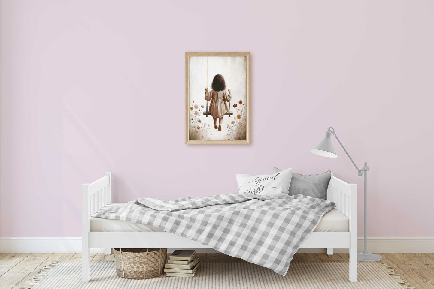 Little Girl on a Swing, Wildflower Nursery Decor, Vintage Wall Art - WildfieldPrints