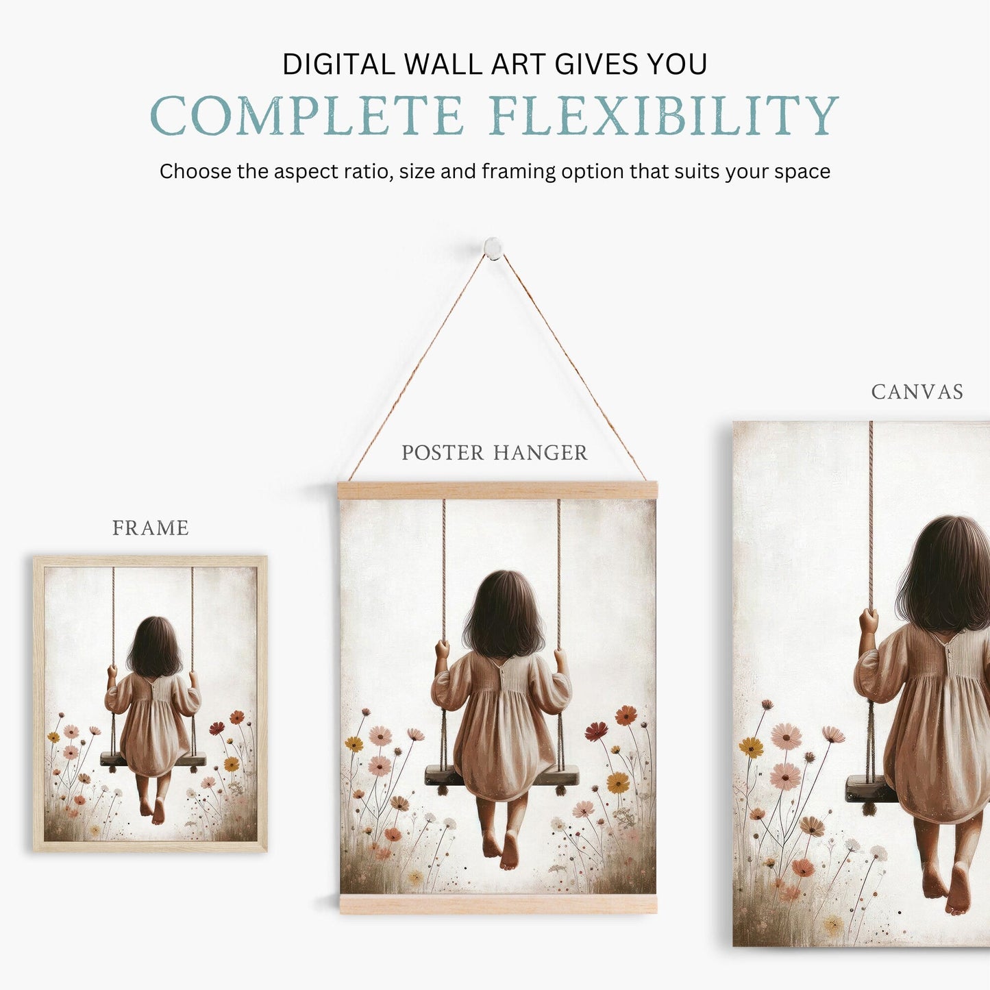 Little Girl on a Swing, Wildflower Nursery Decor, Vintage Wall Art - WildfieldPrints