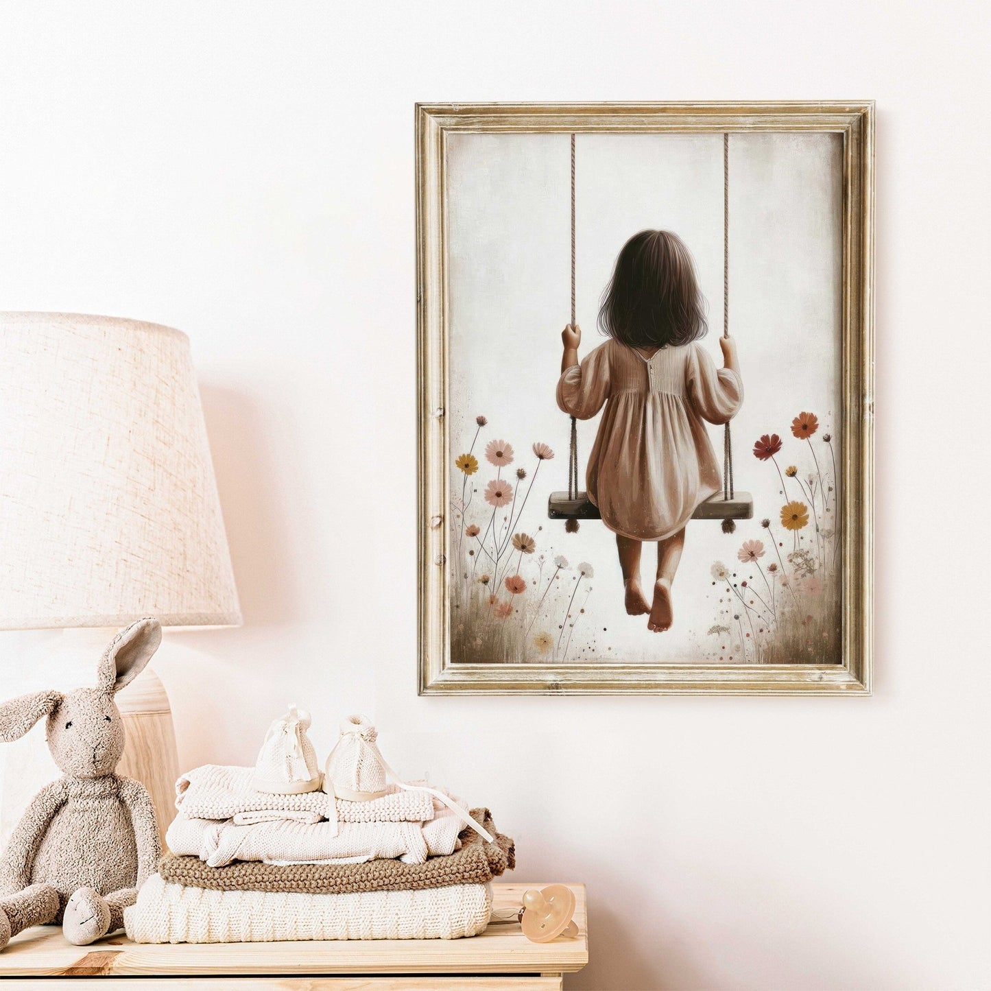 Little Girl on a Swing, Wildflower Nursery Decor, Vintage Wall Art - WildfieldPrints