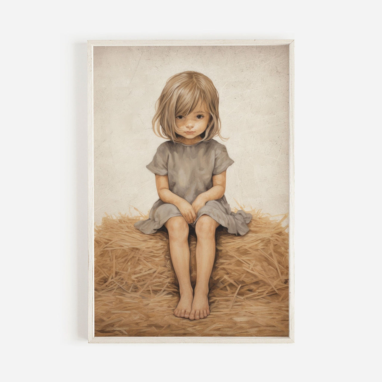 Little Girl on Hay Bale Wall Art – Farm Nursery Print