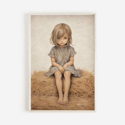 Little Girl on Hay Bale Art, Farmhouse Nursery Decor, Vintage Wall Decor - WildfieldPrints