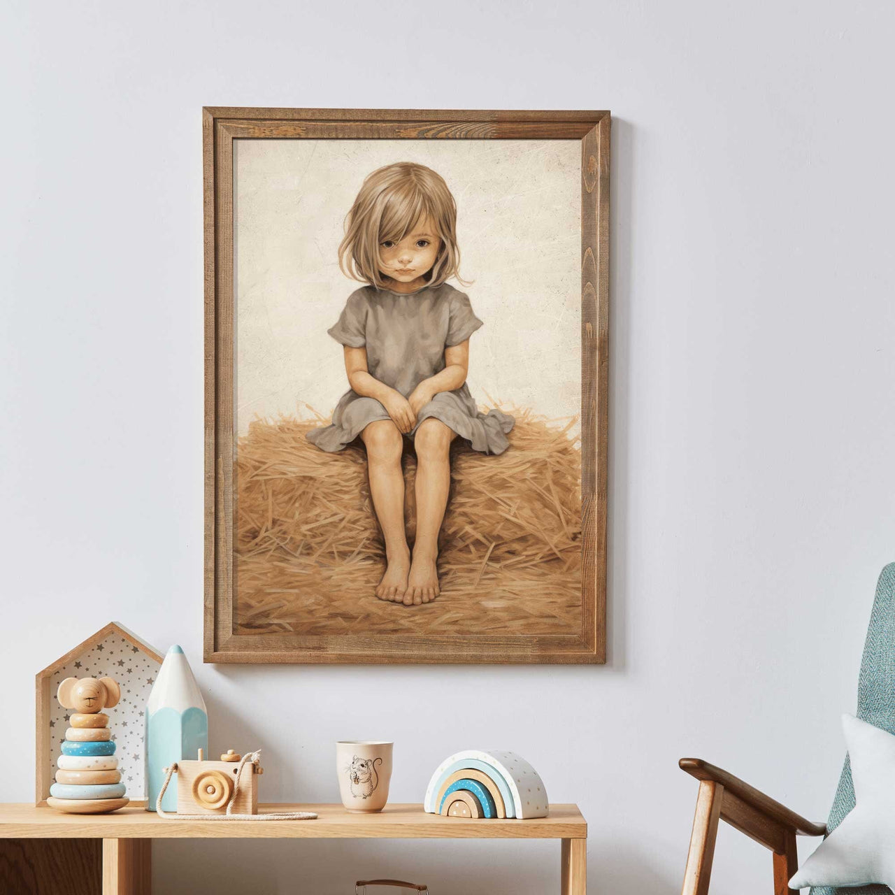 Little Girl on Hay Bale Wall Art – Farm Nursery Print