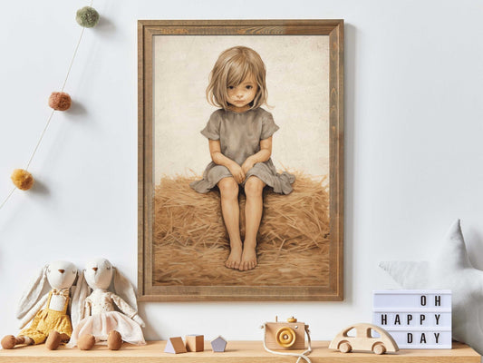 Little Girl on Hay Bale Art, Farmhouse Nursery Decor, Vintage Wall Decor - WildfieldPrints