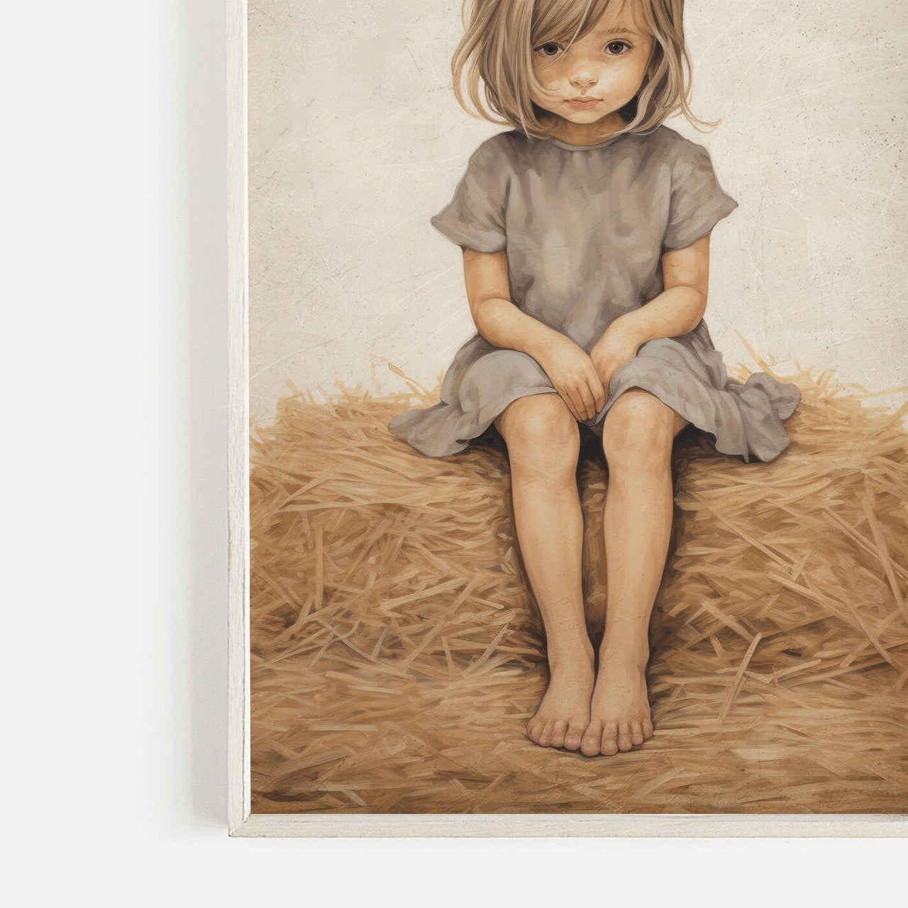 Little Girl on Hay Bale Wall Art – Farm Nursery Print
