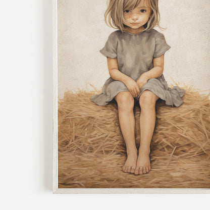 Little Girl on Hay Bale Art, Farmhouse Nursery Decor, Vintage Wall Decor - WildfieldPrints