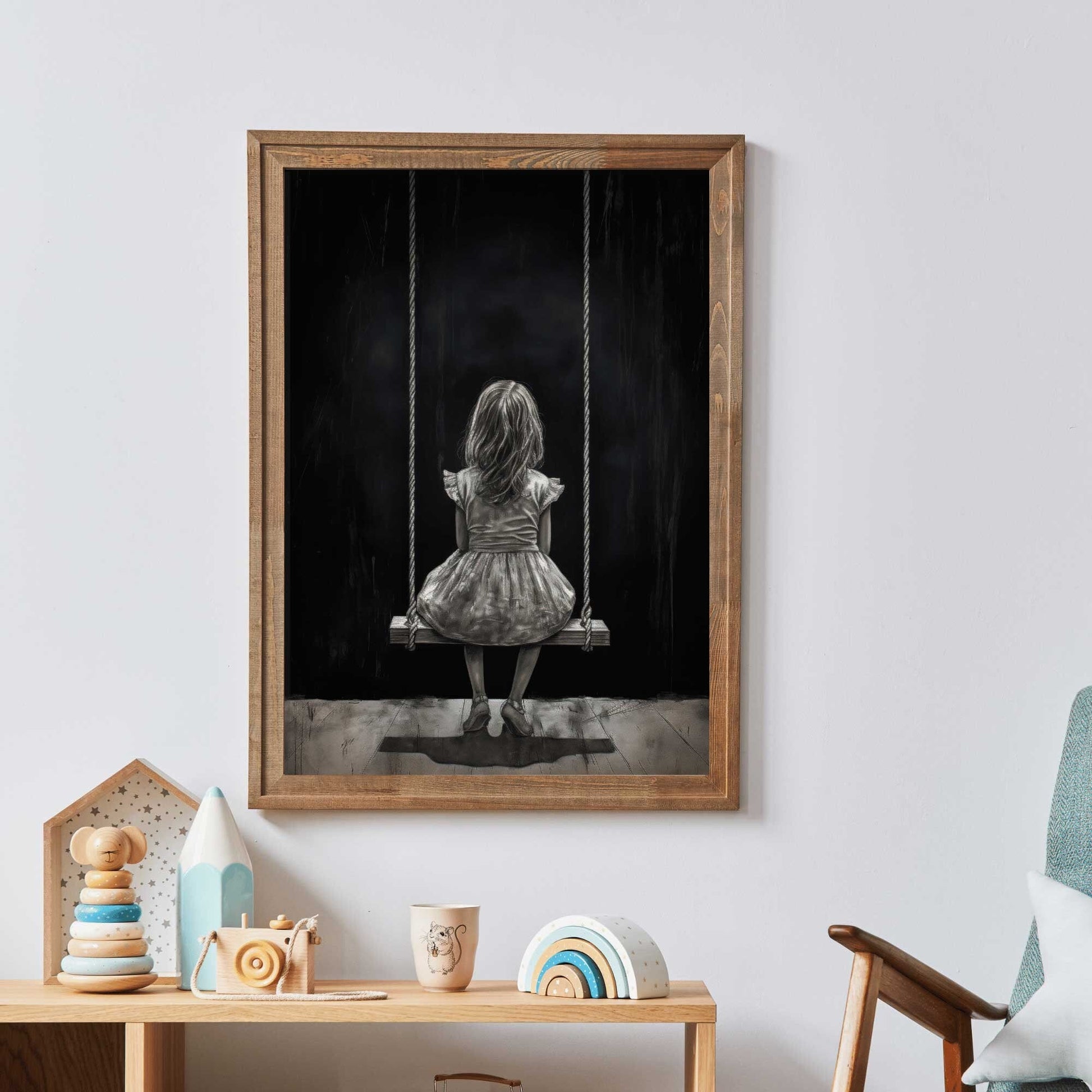 Little Girl on Swing Print, Black & White Nursery Decor, Vintage Style - WildfieldPrints