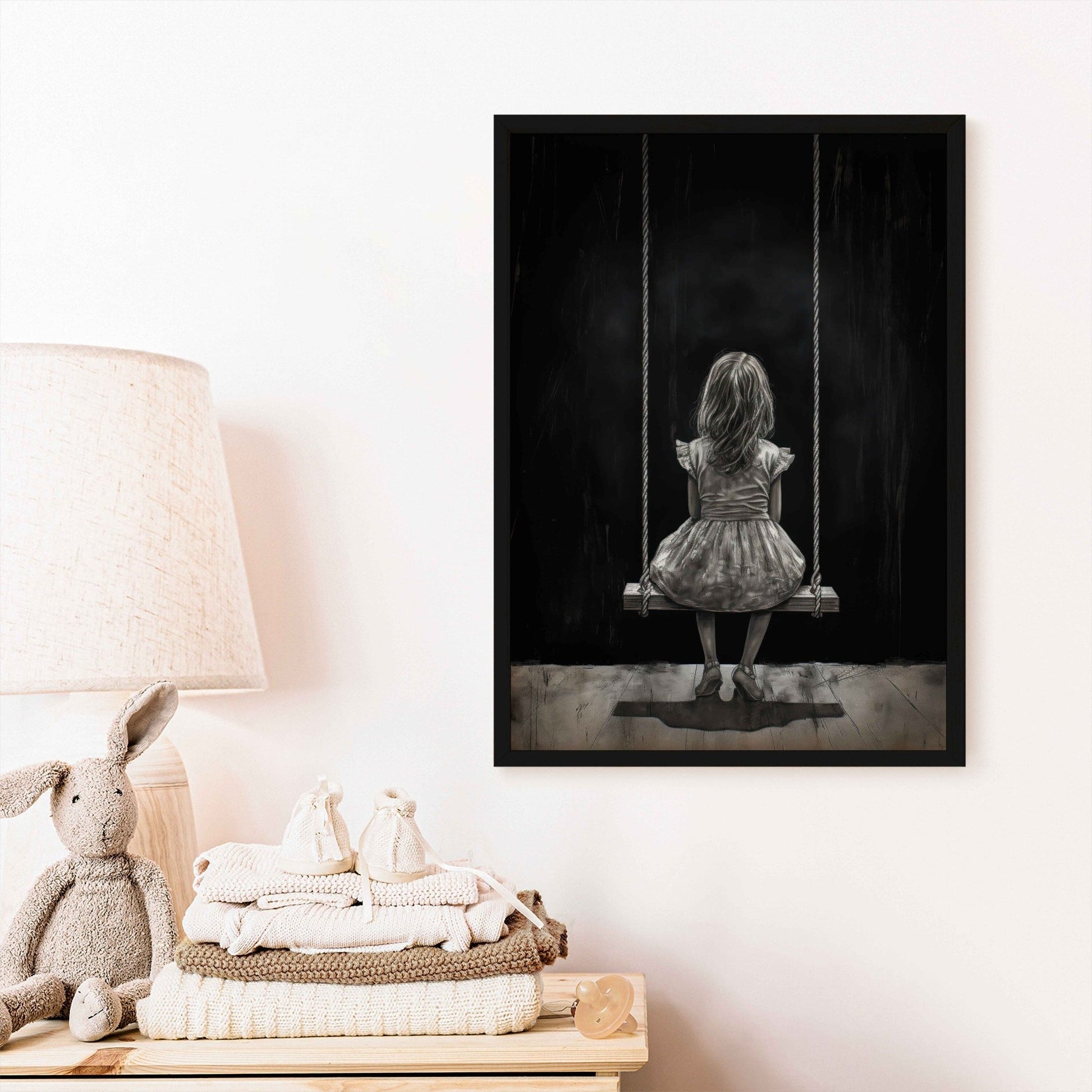 Little Girl on Swing Print, Black & White Nursery Decor, Vintage Style - WildfieldPrints
