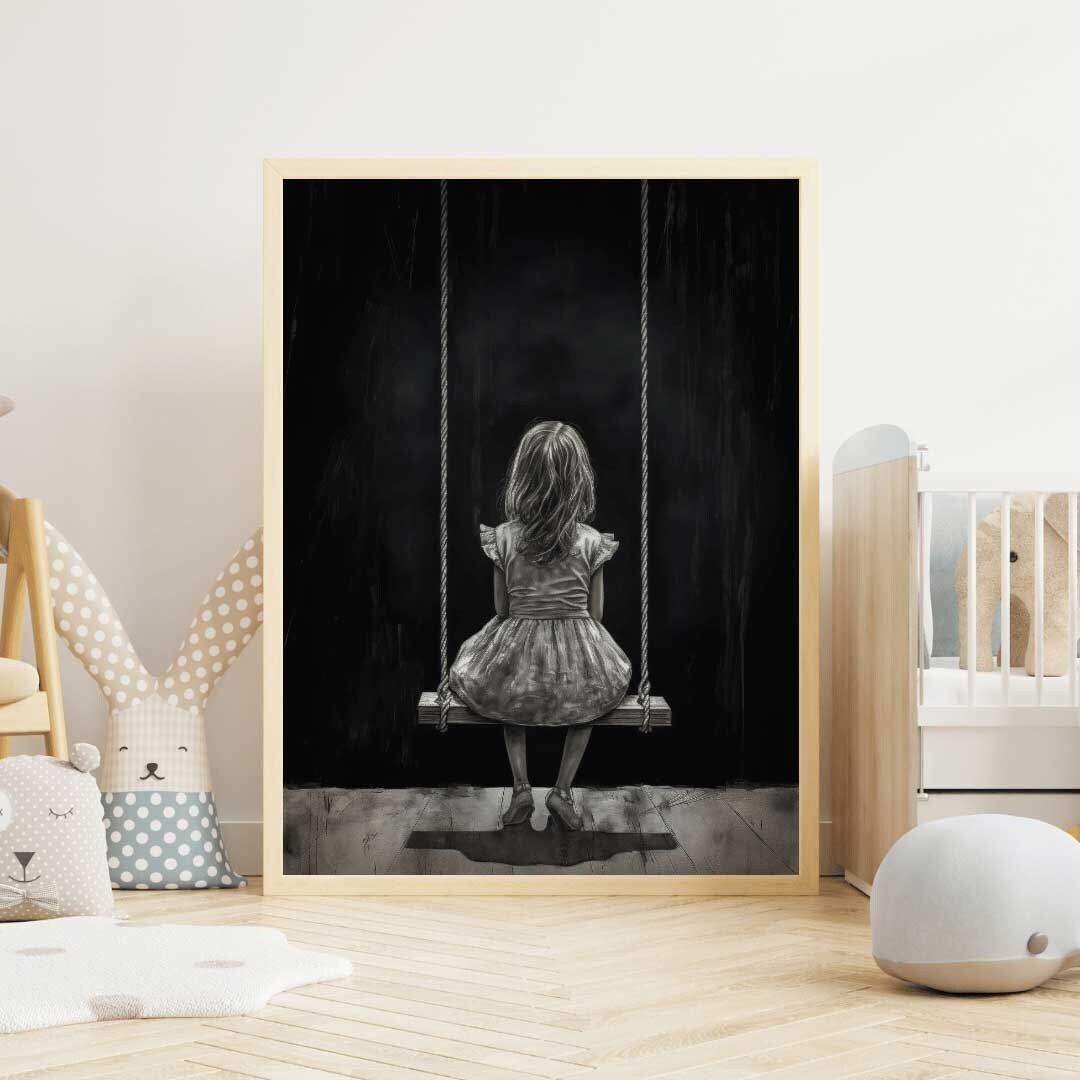 Little Girl on Swing Print, Black & White Nursery Decor, Vintage Style - WildfieldPrints