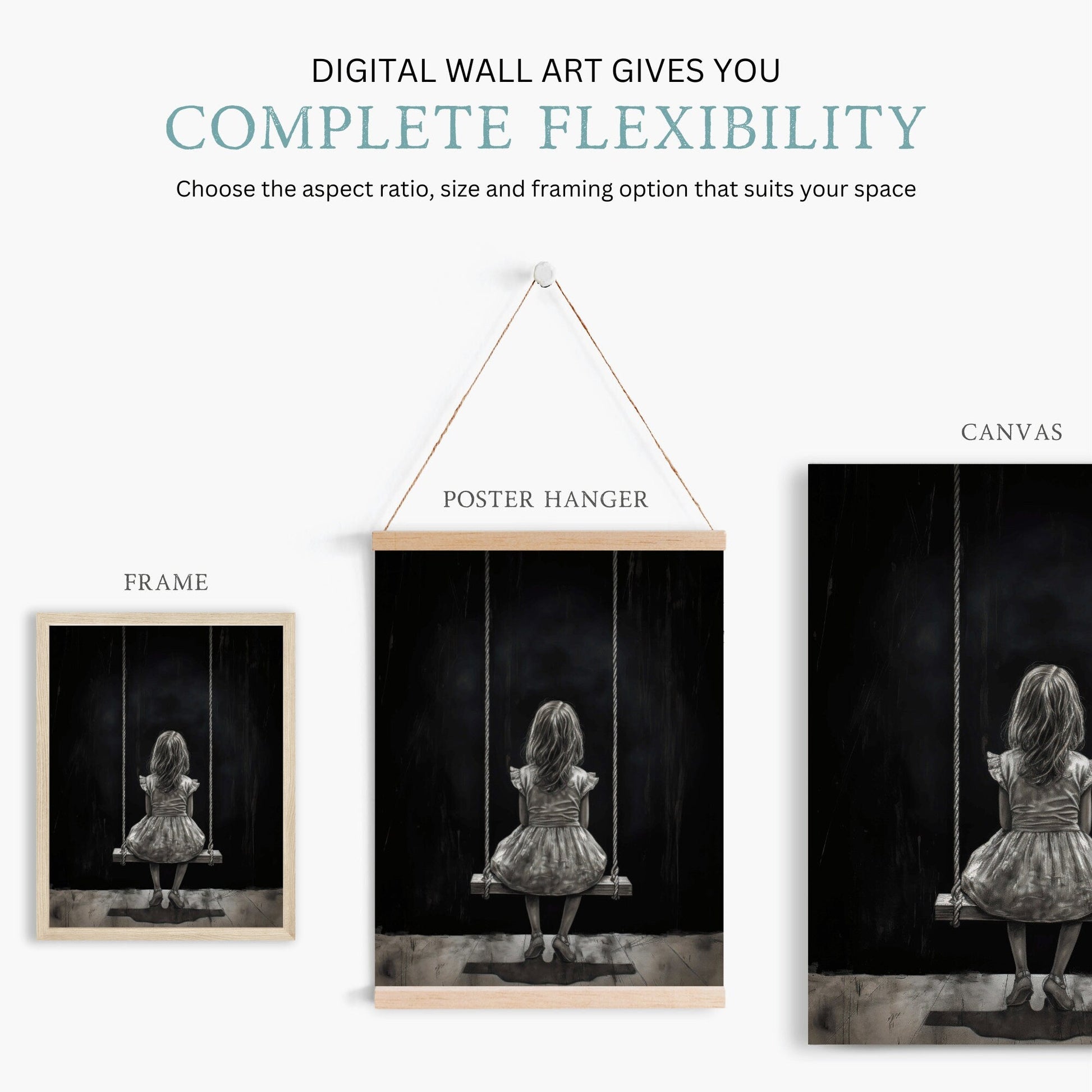 Little Girl on Swing Print, Black & White Nursery Decor, Vintage Style - WildfieldPrints