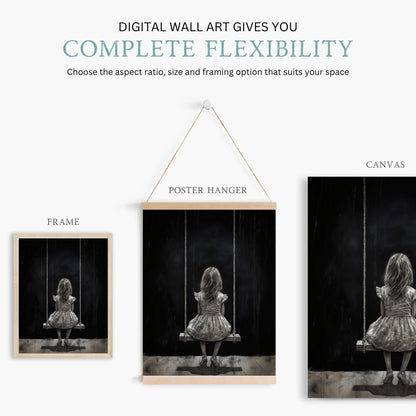 Little Girl on Swing Print, Black & White Nursery Decor, Vintage Style - WildfieldPrints