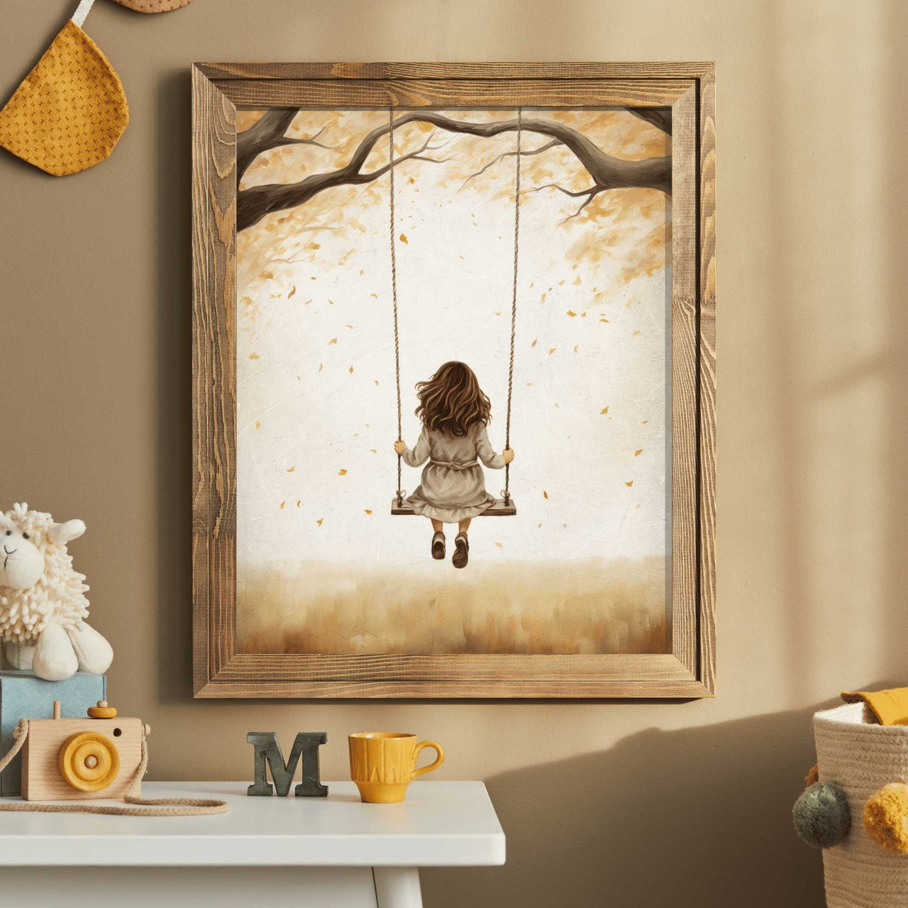 Girl on Swing Wall Art – Vintage Nursery Print for Kids Room