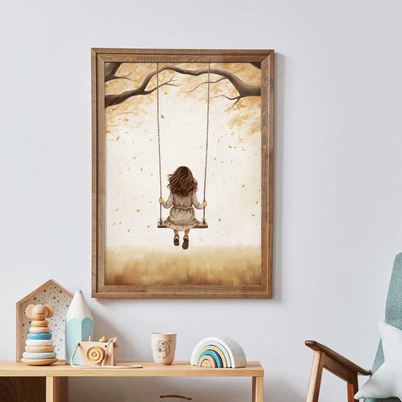 Girl on Swing Wall Art – Vintage Nursery Print for Kids Room