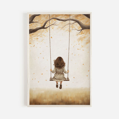 Little Girl on Swing, Rustic Nursery Decor, Kids Room Art, Vintage Print - WildfieldPrints