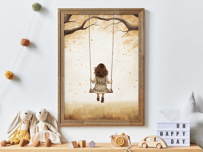Little Girl on Swing, Rustic Nursery Decor, Kids Room Art, Vintage Print - WildfieldPrints
