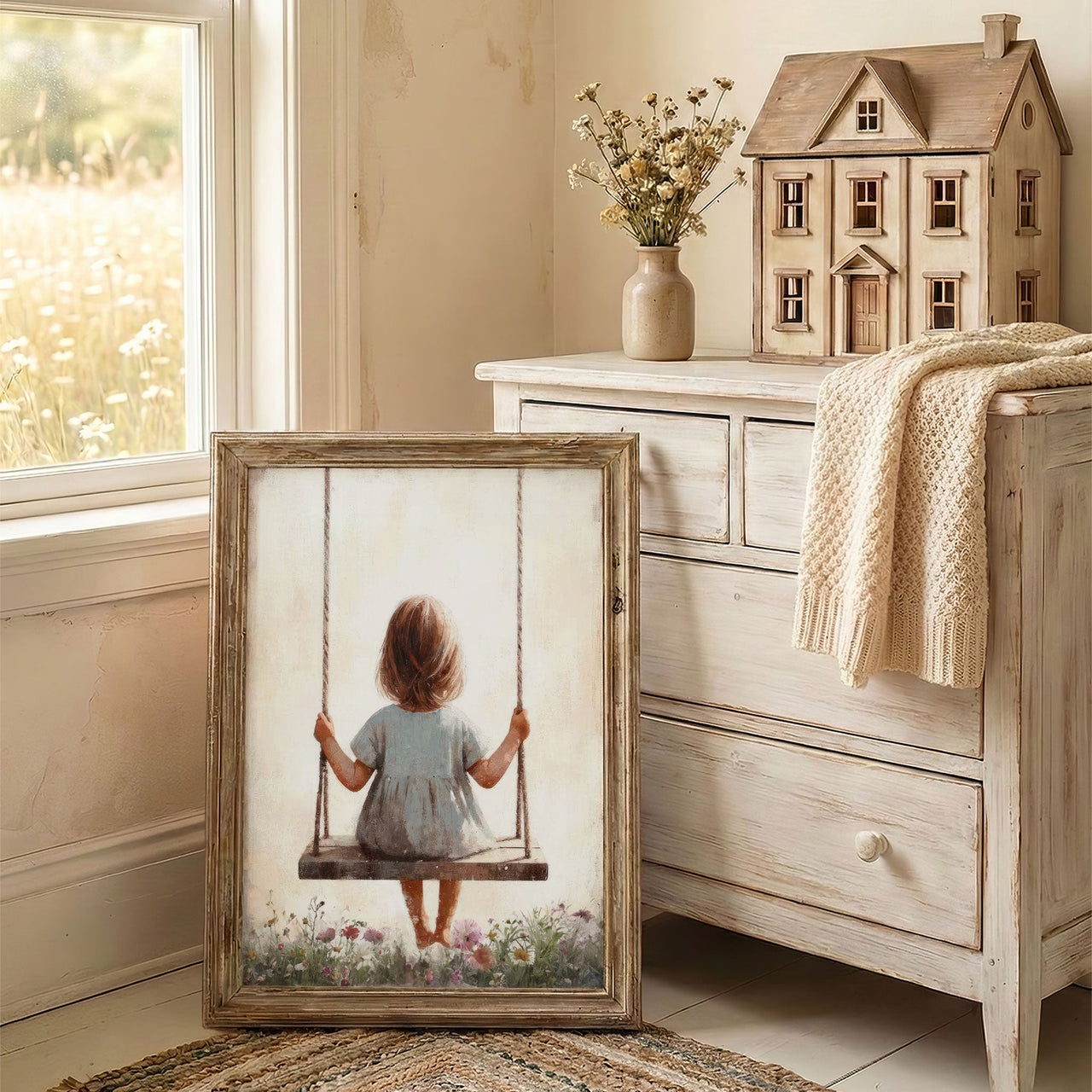 Little Girl Swing Wall Art – Floral Nursery Print
