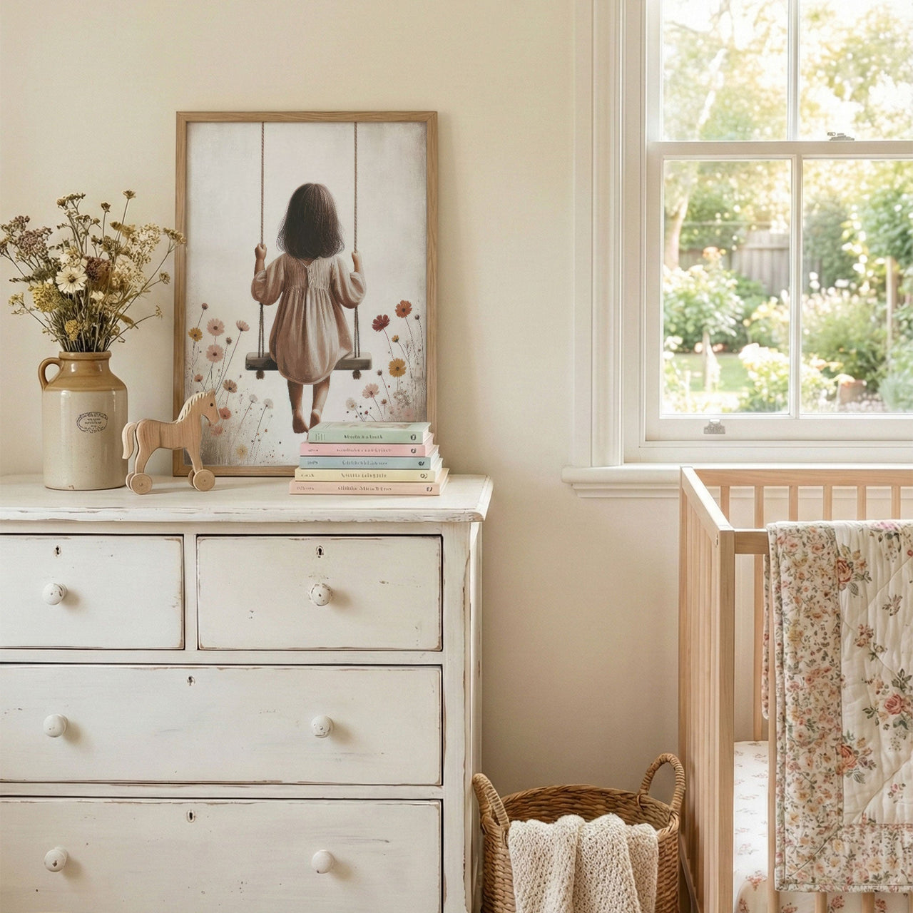Little Girl Swing Wall Art – Floral Nursery Print