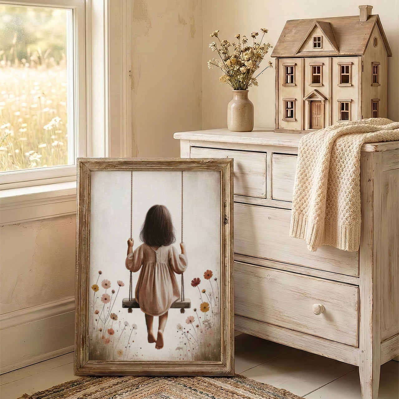 Little Girl Swing Wall Art – Floral Nursery Print