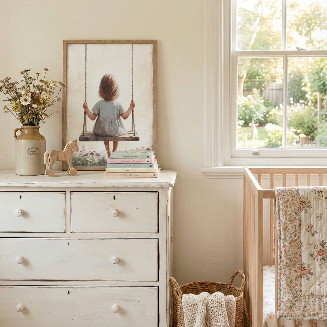 Little Girl Swing Wall Art – Floral Nursery Print