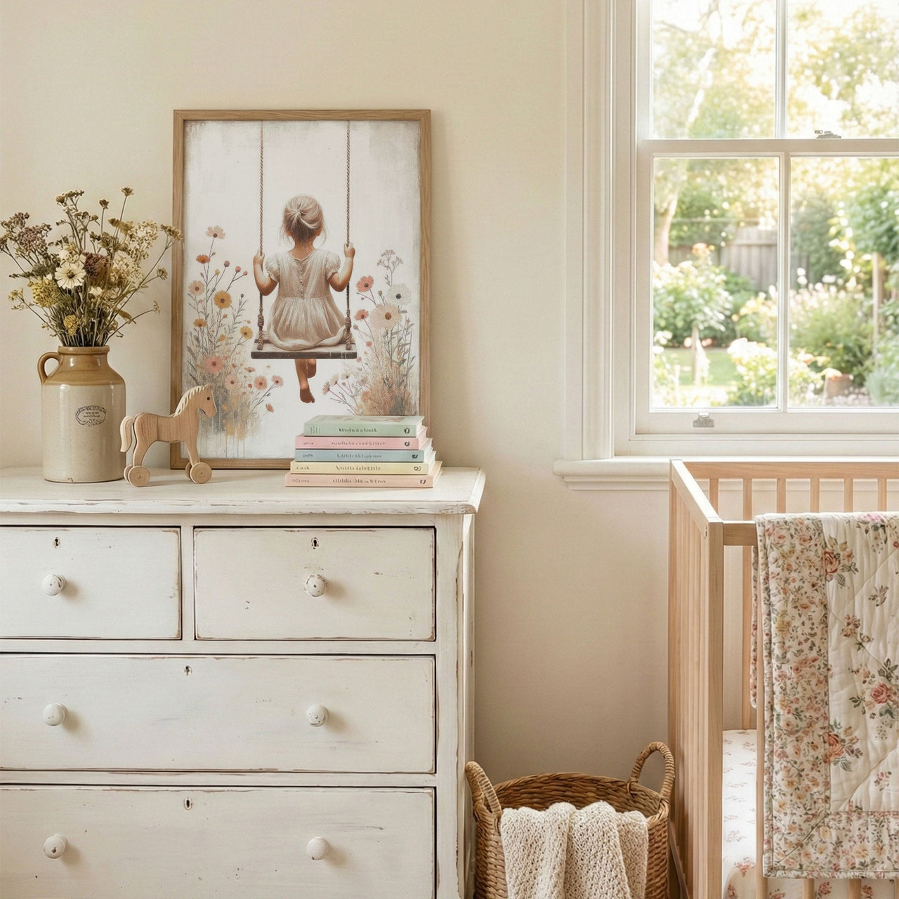 Little Girl Swing Wall Art – Floral Vintage Nursery Print