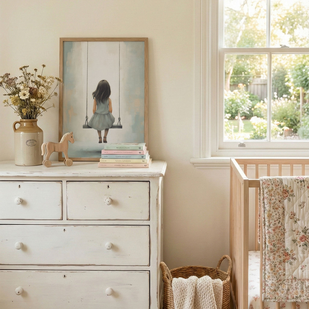 Little Girl Swing Wall Art – Rustic Kids Room Print