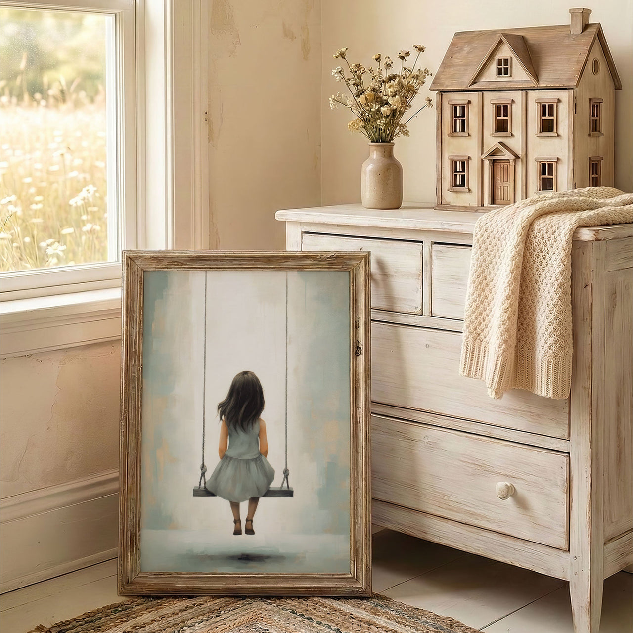 Little Girl Swing Wall Art – Rustic Kids Room Print