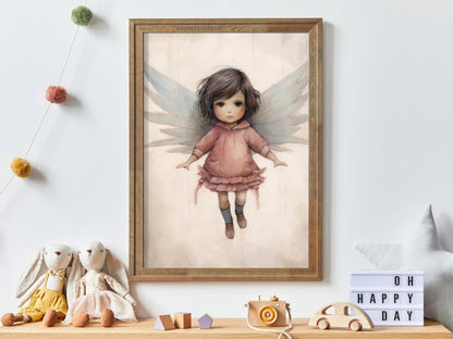 Little Girl with Angel Wings, Adorable Nursery Decor for Girls, Wall Art - WildfieldPrints