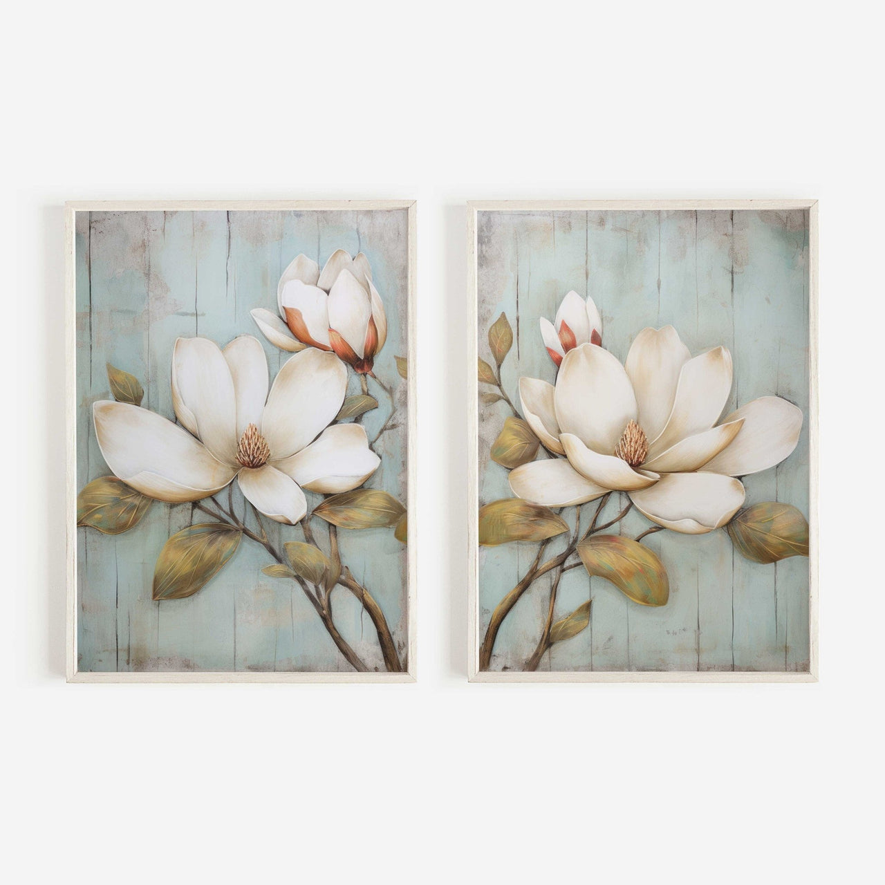 White Magnolia Wall Art – Floral Living Room Print • Set of 2