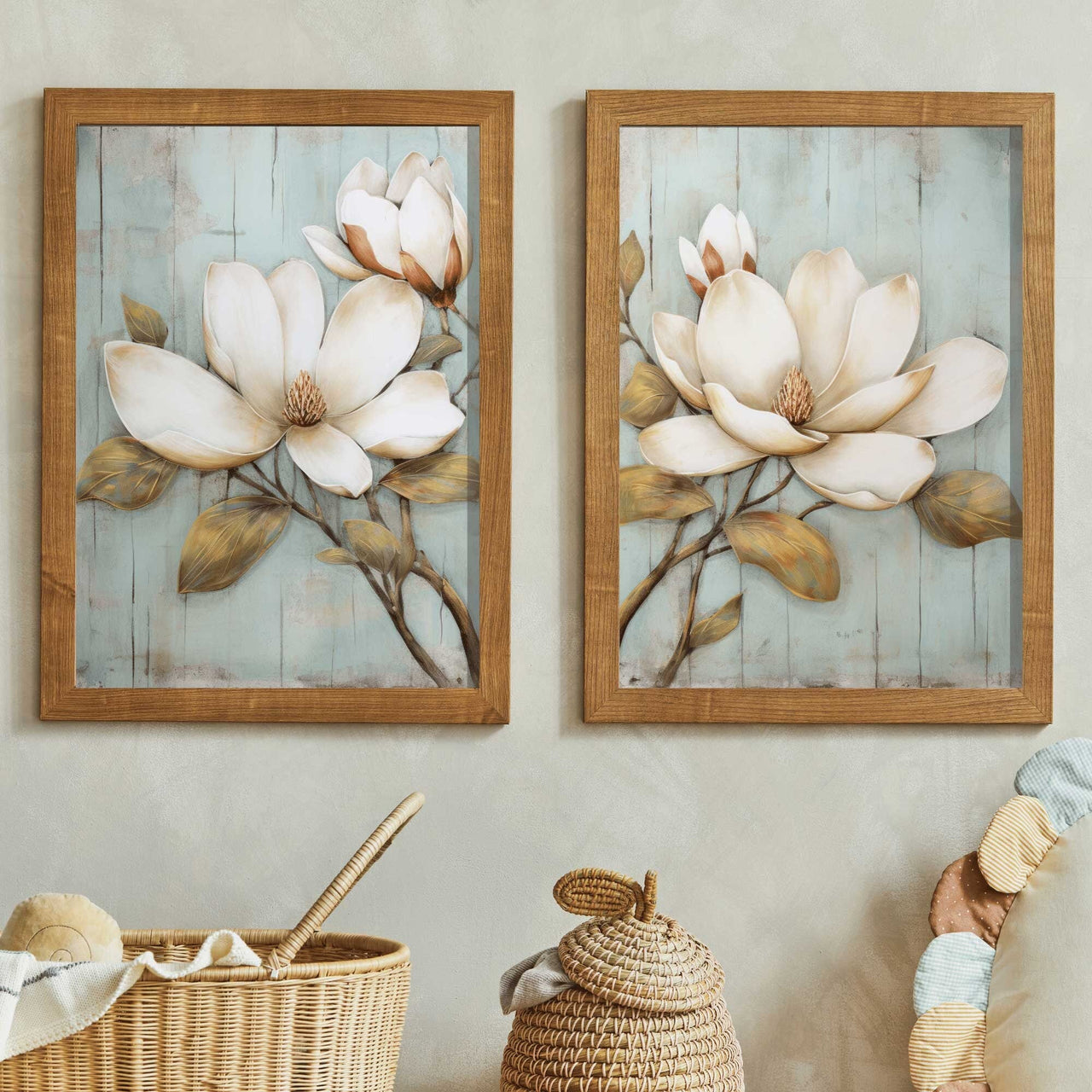 White Magnolia Wall Art – Floral Living Room Print • Set of 2