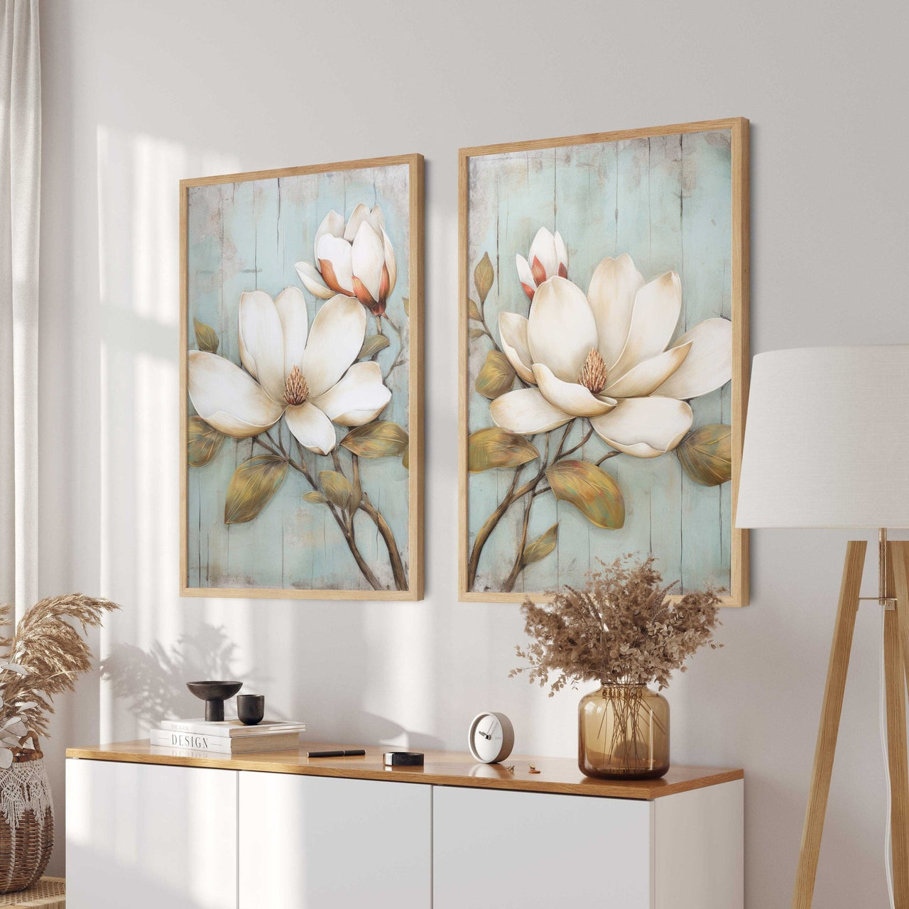 White Magnolia Wall Art – Floral Living Room Print • Set of 2