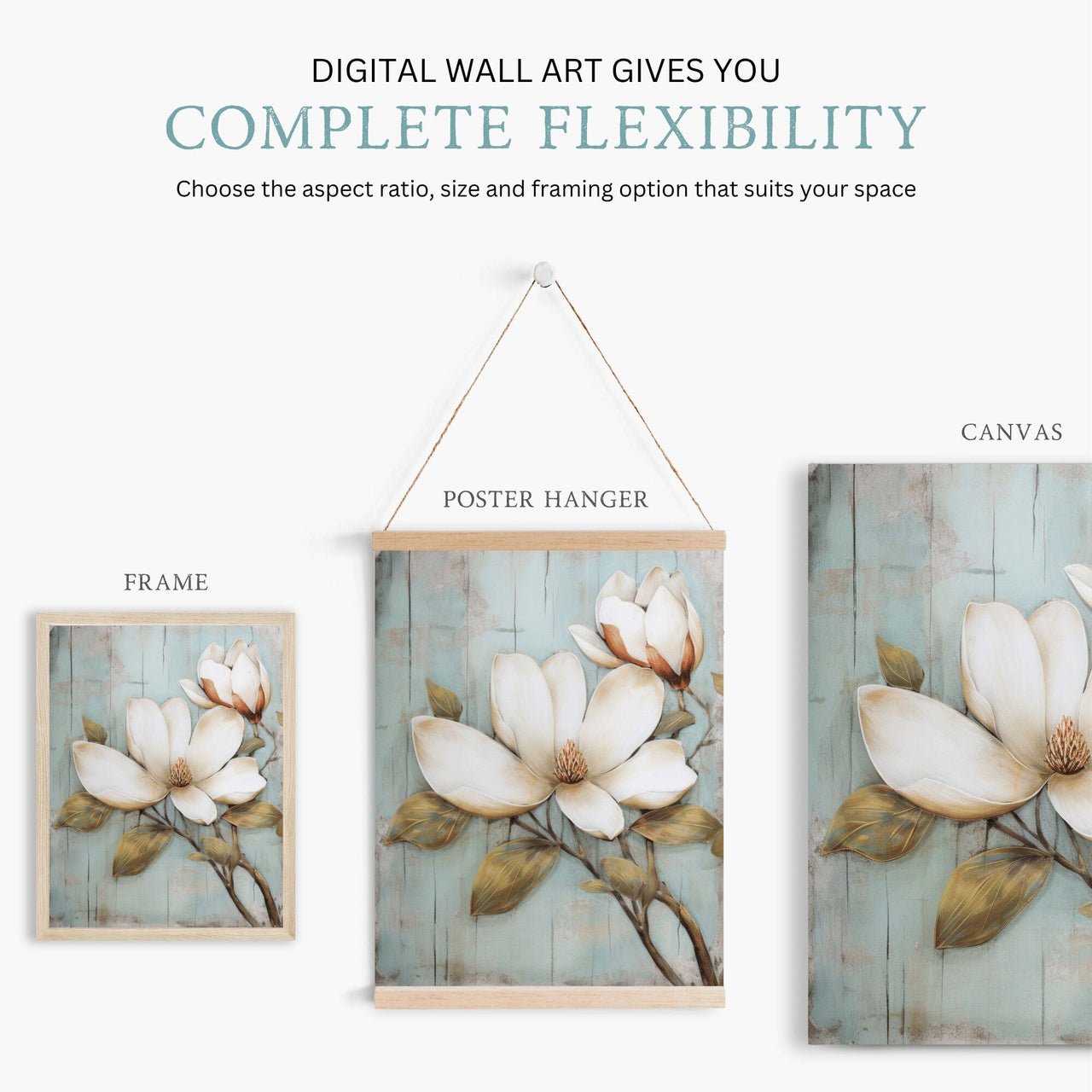 White Magnolia Wall Art – Floral Living Room Print • Set of 2