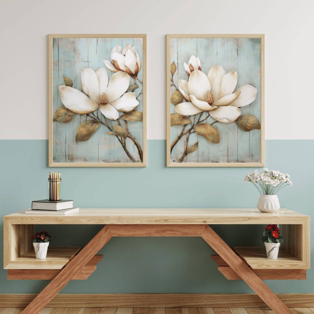 White Magnolia Wall Art – Floral Living Room Print • Set of 2