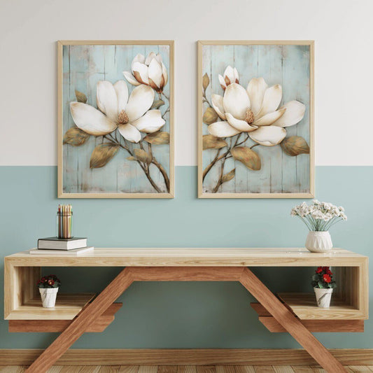 Magnolia Prints, Rustic Floral Wall Decor, Farmhouse Home Accent - WildfieldPrints