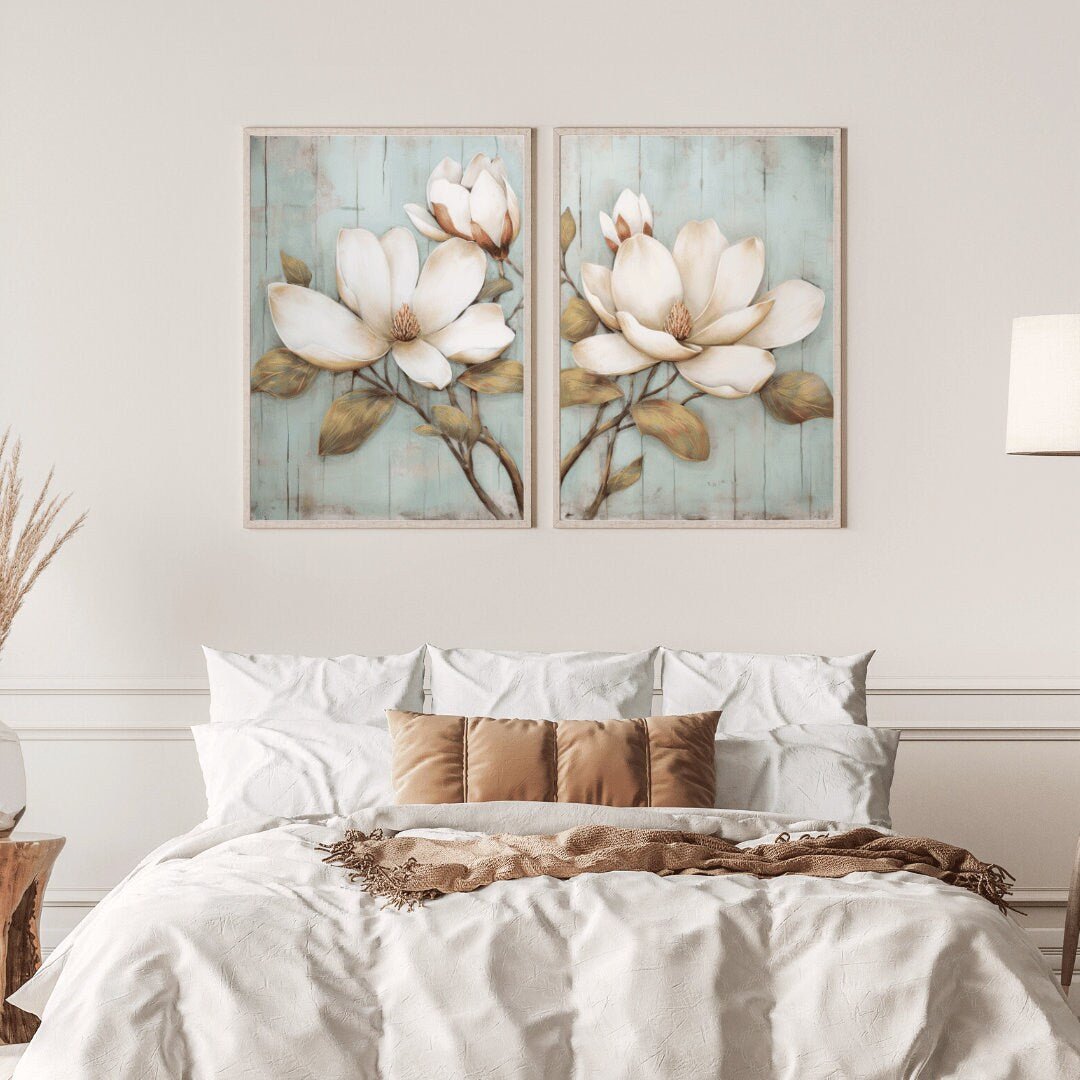 White Magnolia Wall Art – Floral Living Room Print • Set of 2