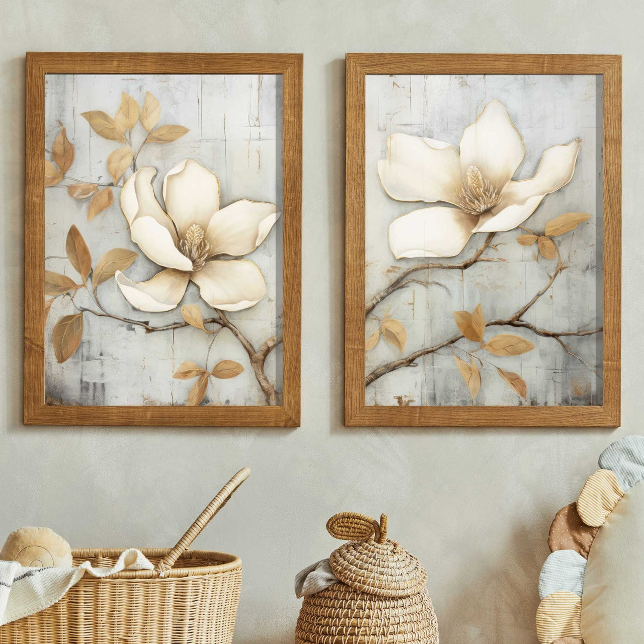 Magnolia Wall Art – Floral Living Room Print • Set of 2
