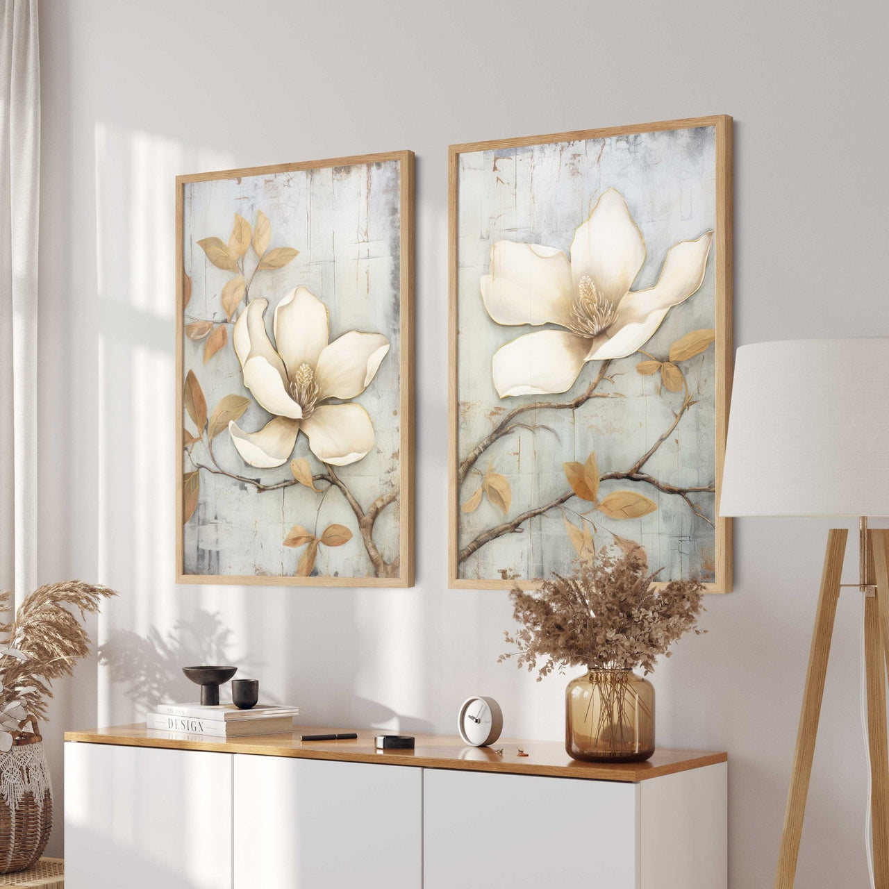 Magnolia Wall Art – Floral Living Room Print • Set of 2