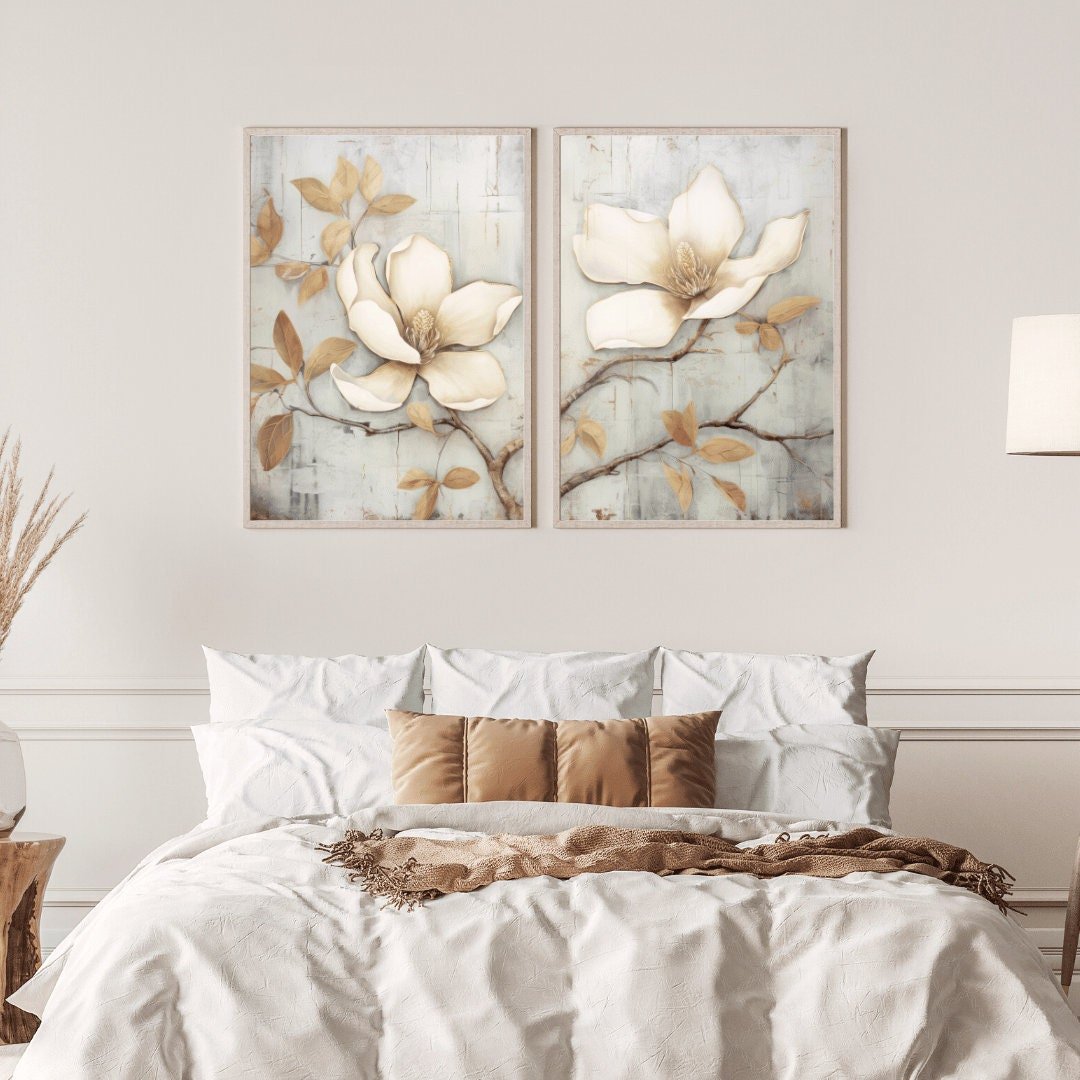 Magnolia Wall Art – Floral Living Room Print • Set of 2