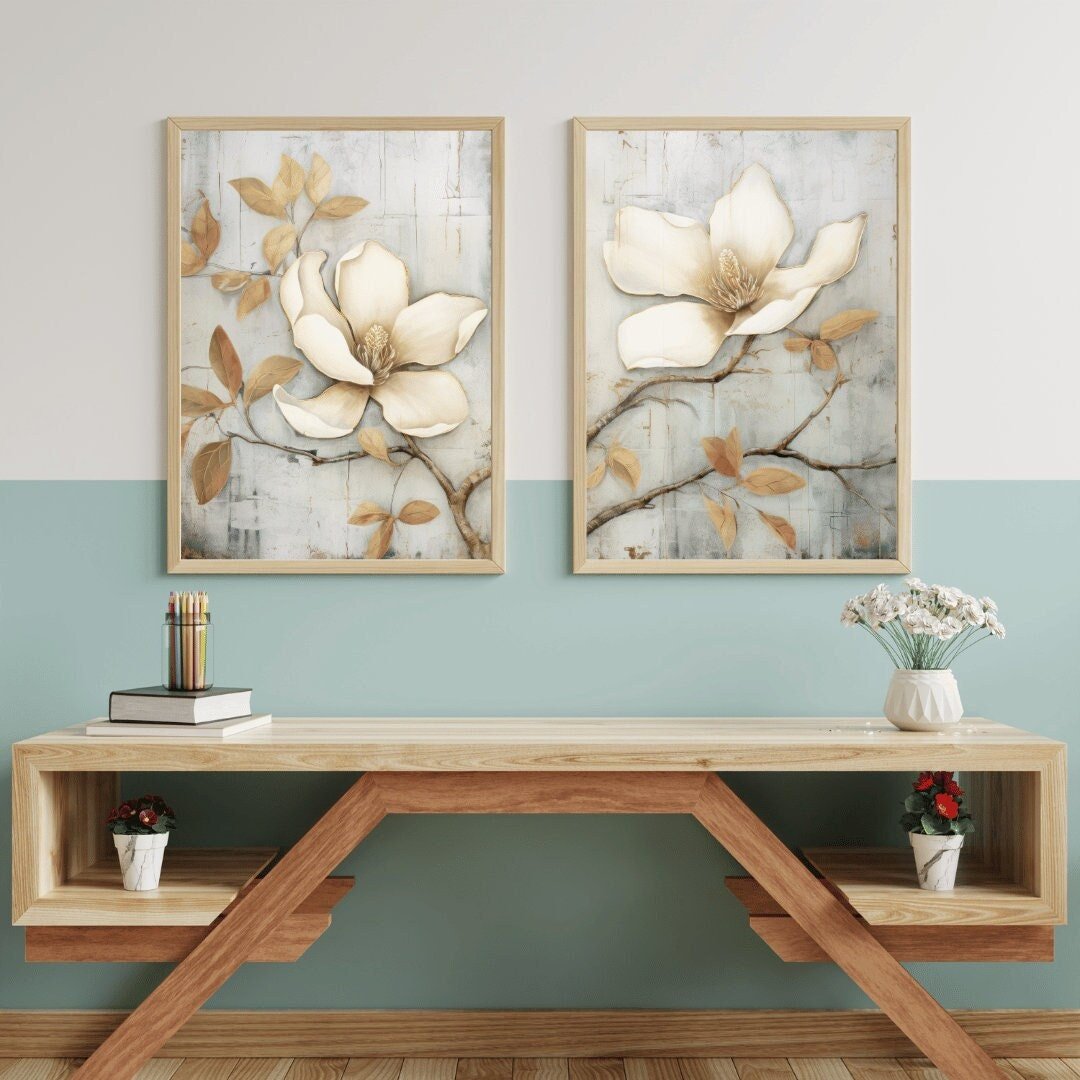 Magnolia Wall Art – Floral Living Room Print • Set of 2