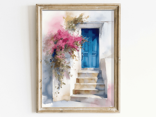 Mediterranean Wall Art, Blue Door Painting, Greek House Decor - WildfieldPrints