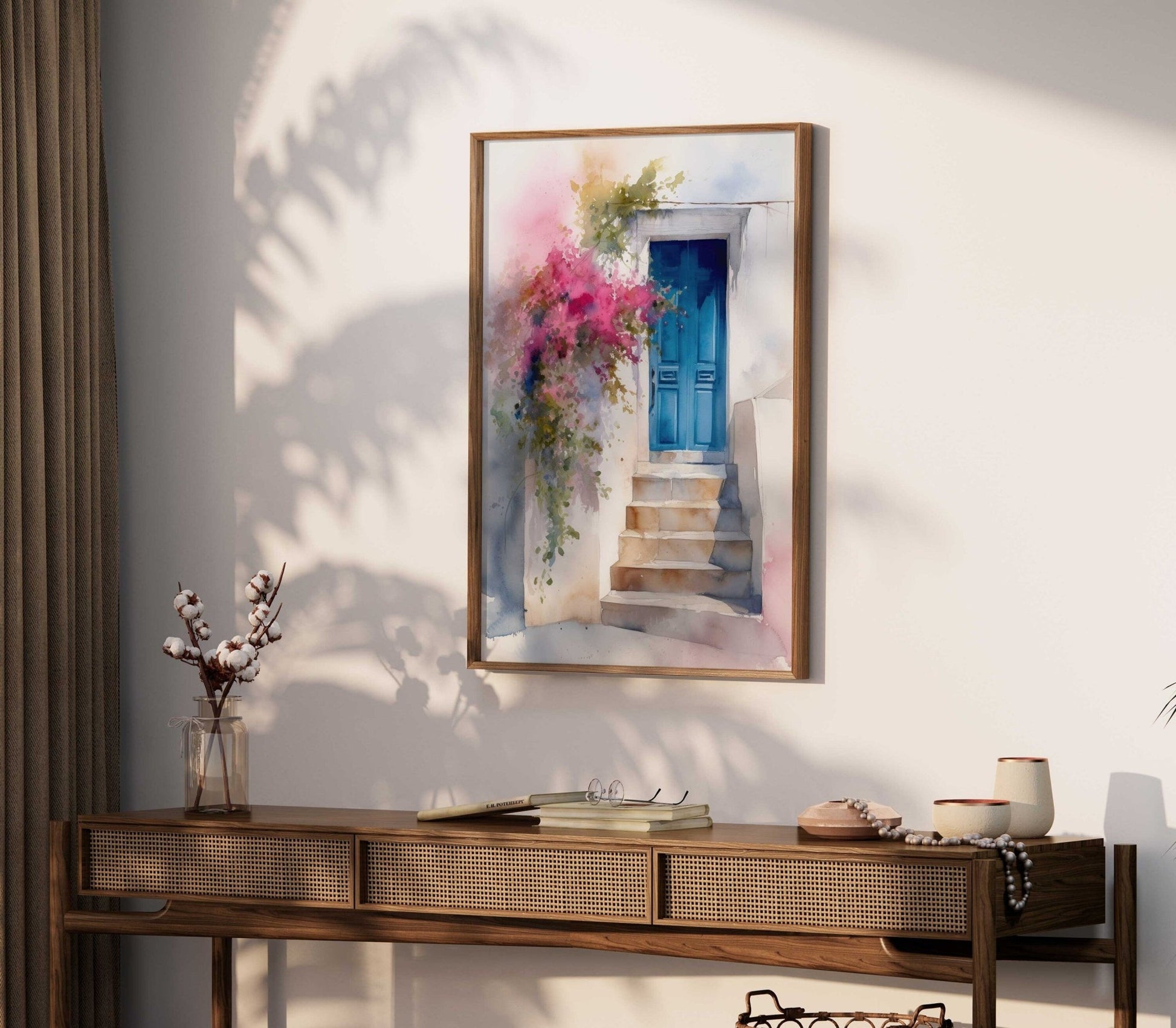 Mediterranean Wall Art, Blue Door Painting, Greek House Decor - WildfieldPrints