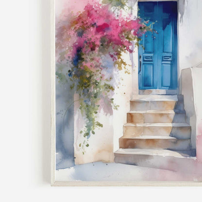 Mediterranean Wall Art, Blue Door Painting, Greek House Decor - WildfieldPrints