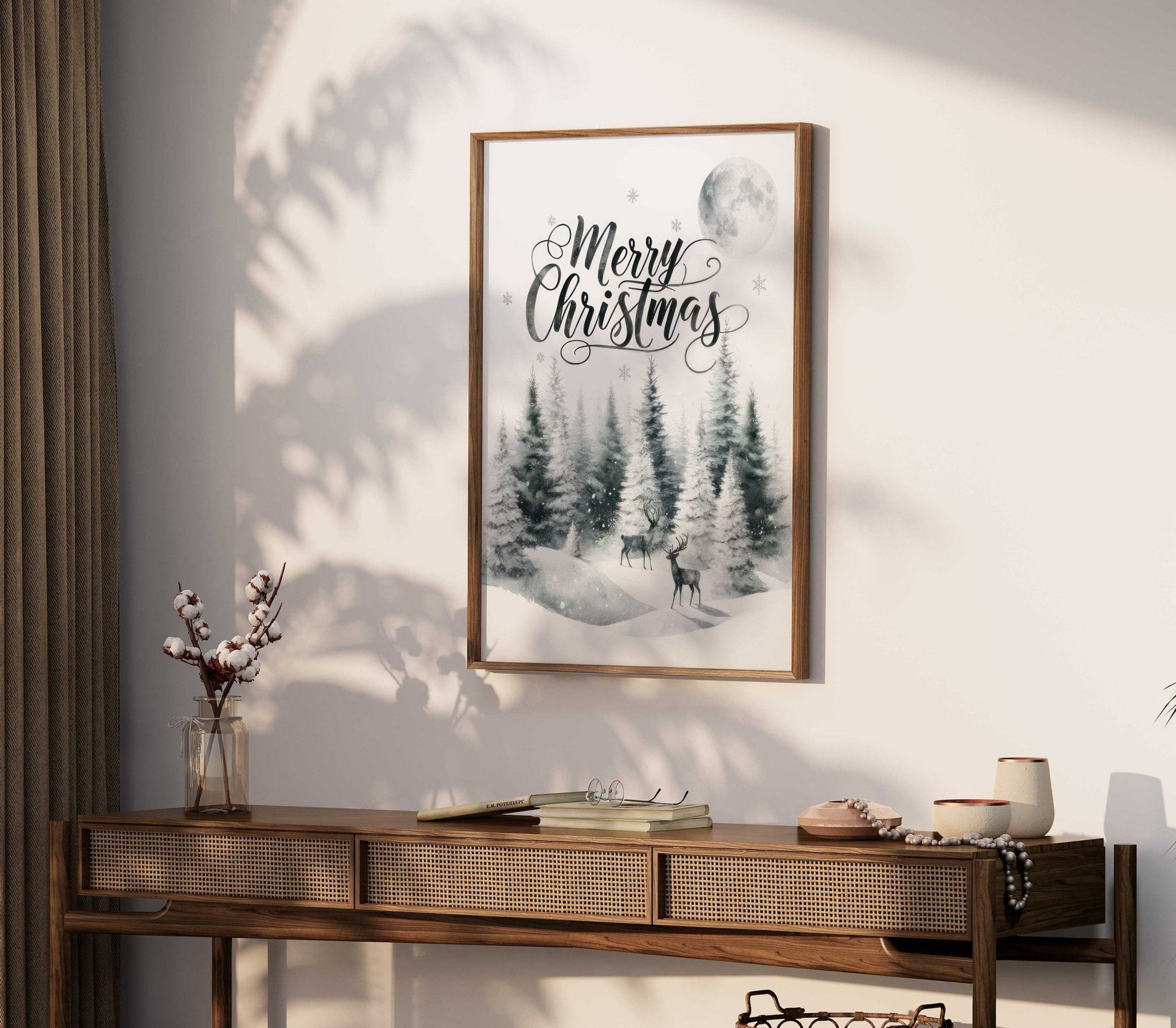 Merry Christmas Print, Vintage Holiday Wall Decor, Rustic Forest Art - WildfieldPrints
