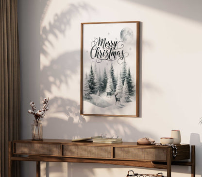 Merry Christmas Print, Vintage Holiday Wall Decor, Rustic Forest Art - WildfieldPrints
