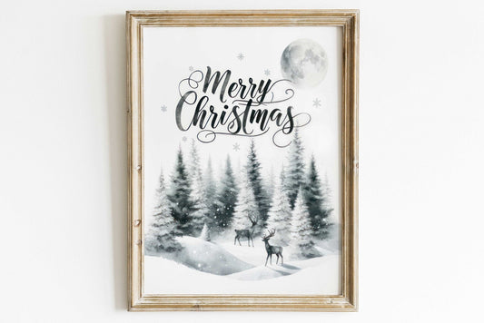 Merry Christmas Print, Vintage Holiday Wall Decor, Rustic Forest Art - WildfieldPrints