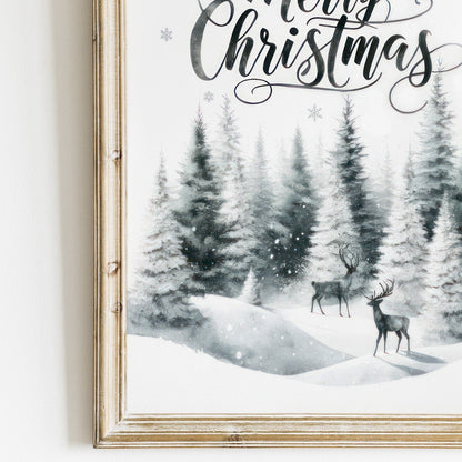Merry Christmas Print, Vintage Holiday Wall Decor, Rustic Forest Art - WildfieldPrints