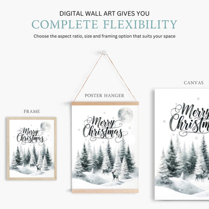 Merry Christmas Print, Vintage Holiday Wall Decor, Rustic Forest Art - WildfieldPrints