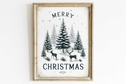Merry Christmas Print, Vintage Holiday Wall Decor, Rustic Forest Art - WildfieldPrints